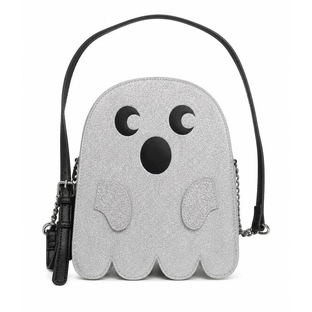 Silver Glitter Ghost Crossbody Bag Halloween Novelty Whimsy Sparkle Purse Black